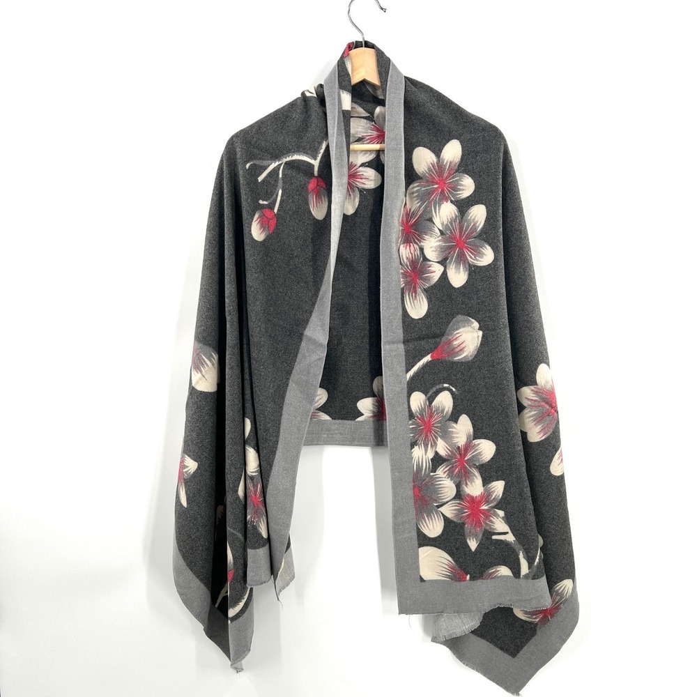 Cashmere blend wrap scarf floral pink‎ white gray quiet luxury 74x29.5 soft